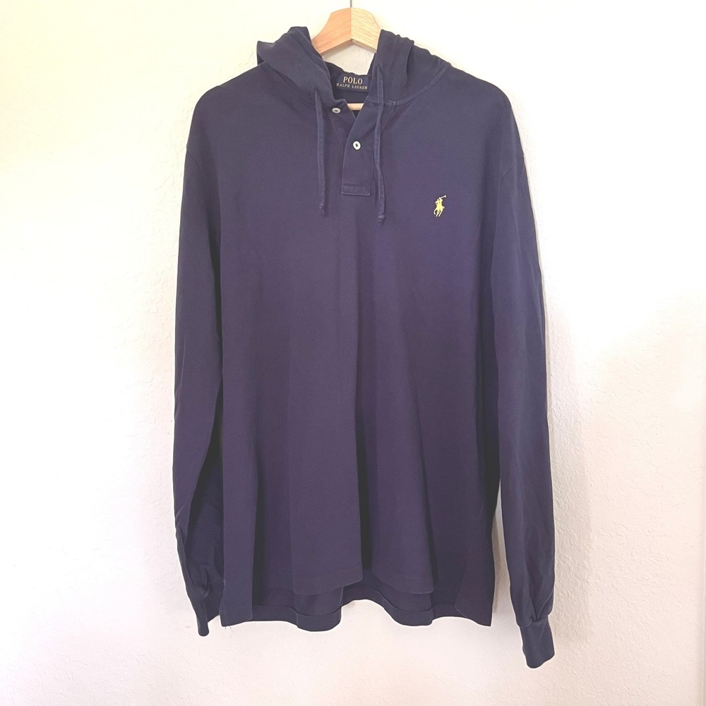 Polo Ralph Lauren Mens XL Navy Blue Long Sleeve Pique Hooded Shirt Yellow Pony